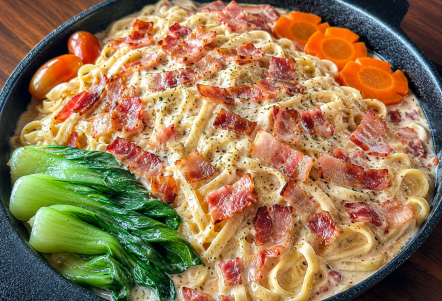 Mỳ xốt phomai mù tạt ba chỉ xông khói (Must try)